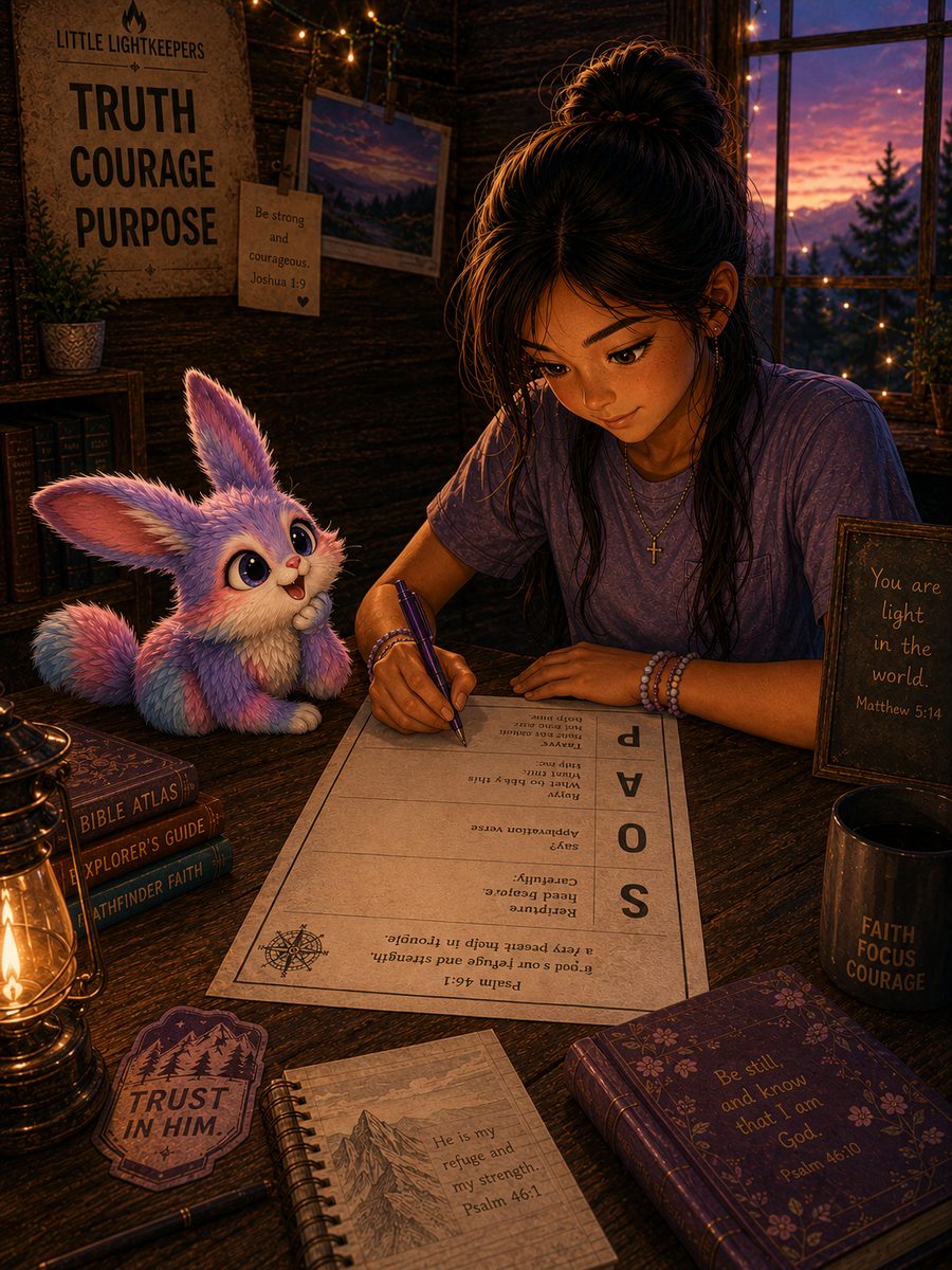 A tween girl doing a SOAP Bible study at her desk with her Lightkeeper companion