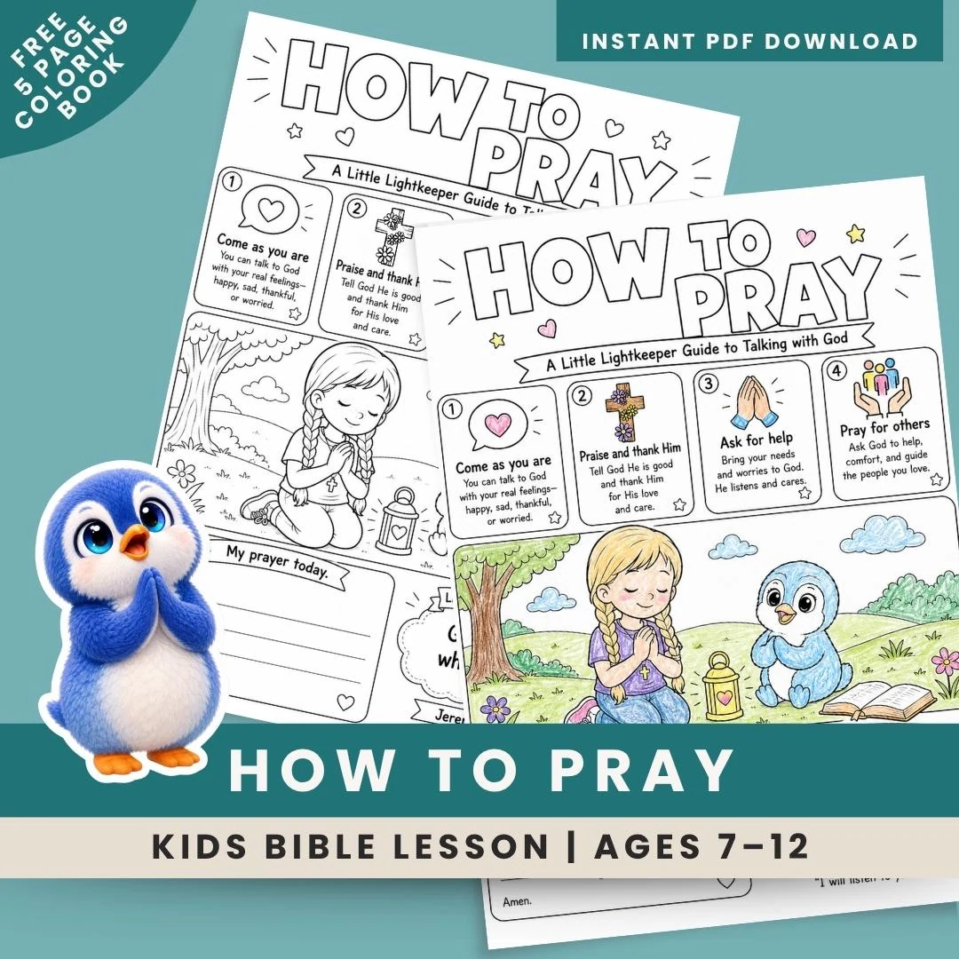 How to Pray worksheet for kids — a printable 4-step prayer activity with a colour-in scene, for ages 7 to 12