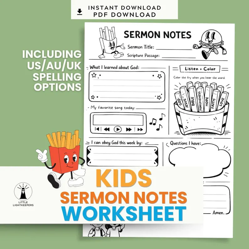 Kids sermon notes worksheet — Fast Food edition