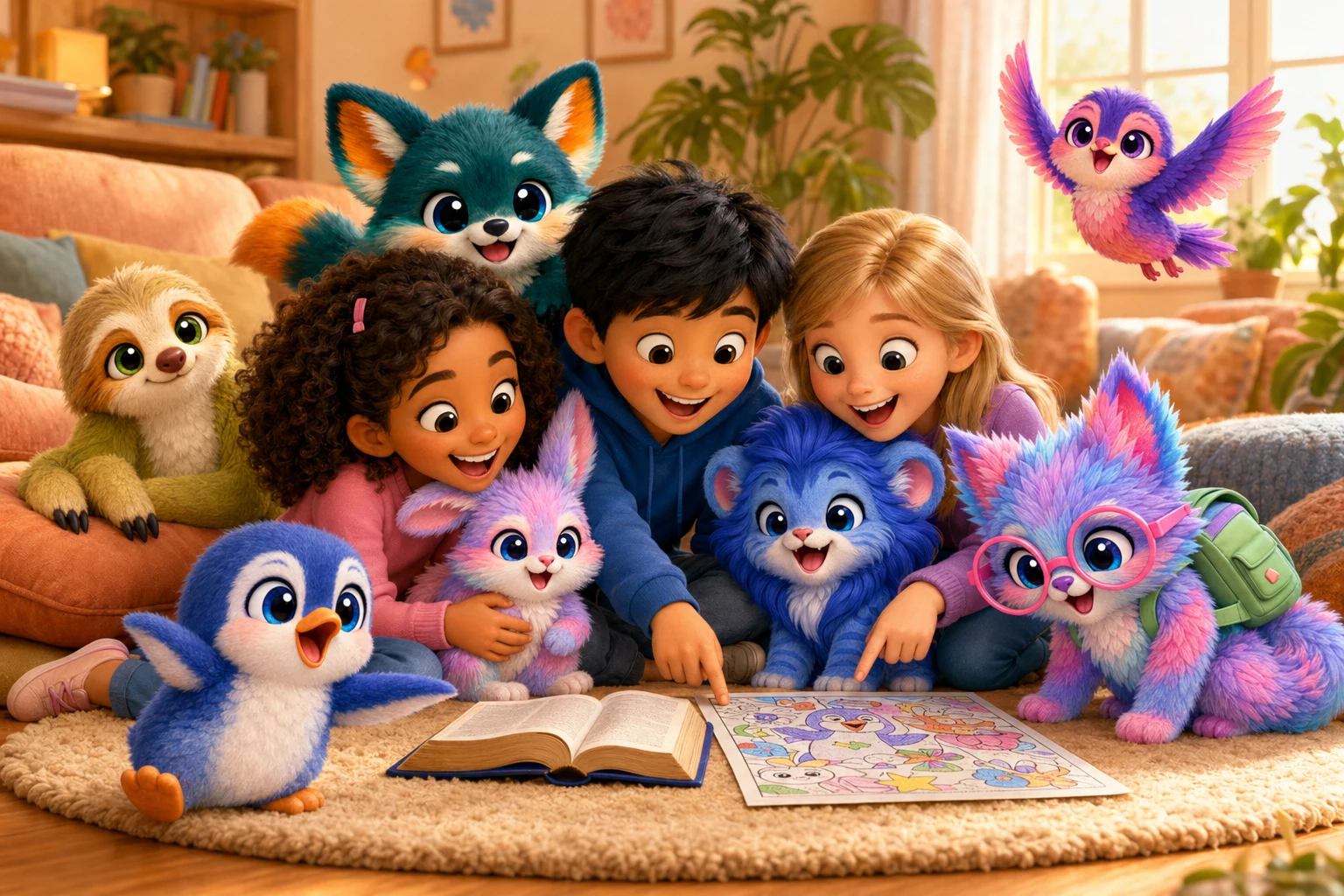 Children reading the Bible with the Lightkeepers โ Finn the Penguin, Leo the Lion, Lila the Bunny, Noa the Sloth, Ollie the Fox, Scout the Cat, and Skye the Bird