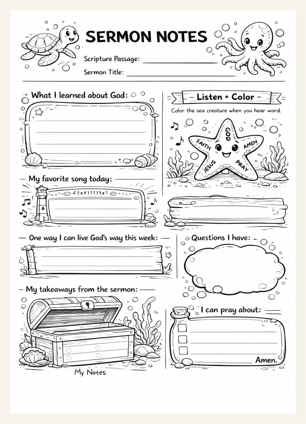 Kids Sermon Notes | Printable Church Notes | Faith Activity Christian Resource | Quiet Church Busy Activities |  Ocean Theme — Preview page 2
