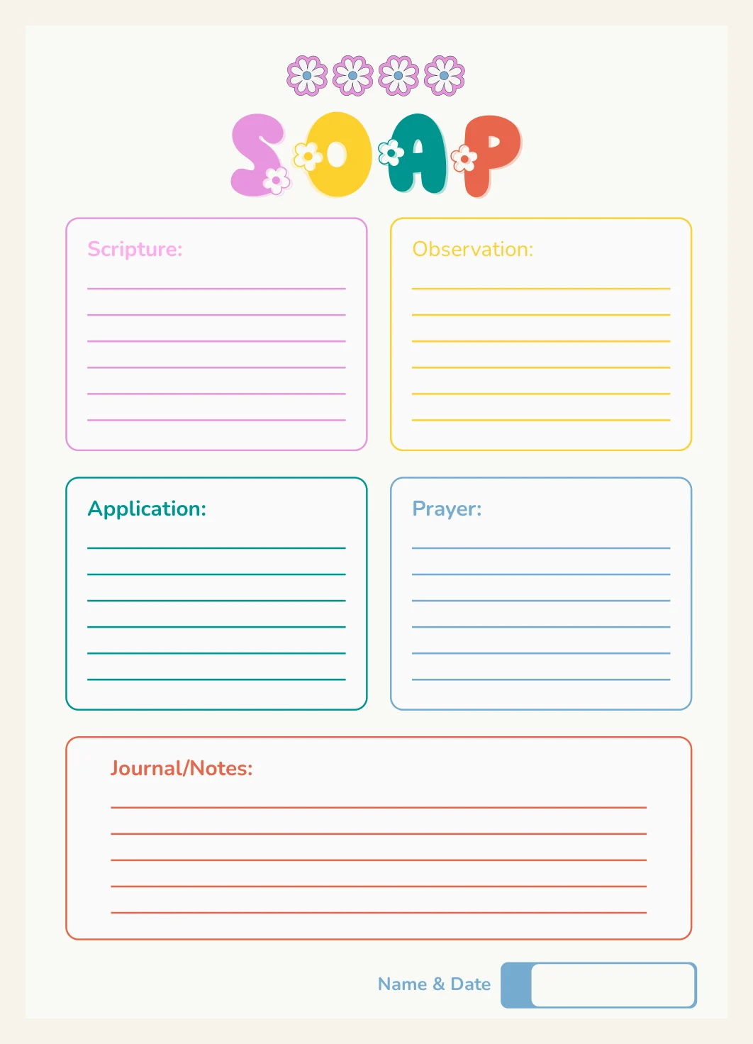 Bible Study Template S.O.A.P Method (Flower Theme) Printable PDF Download — Preview page 1