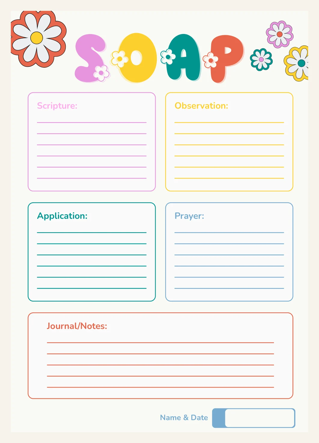 Bible Study Template S.O.A.P Method (Flower Theme) Printable PDF Download — Preview page 2