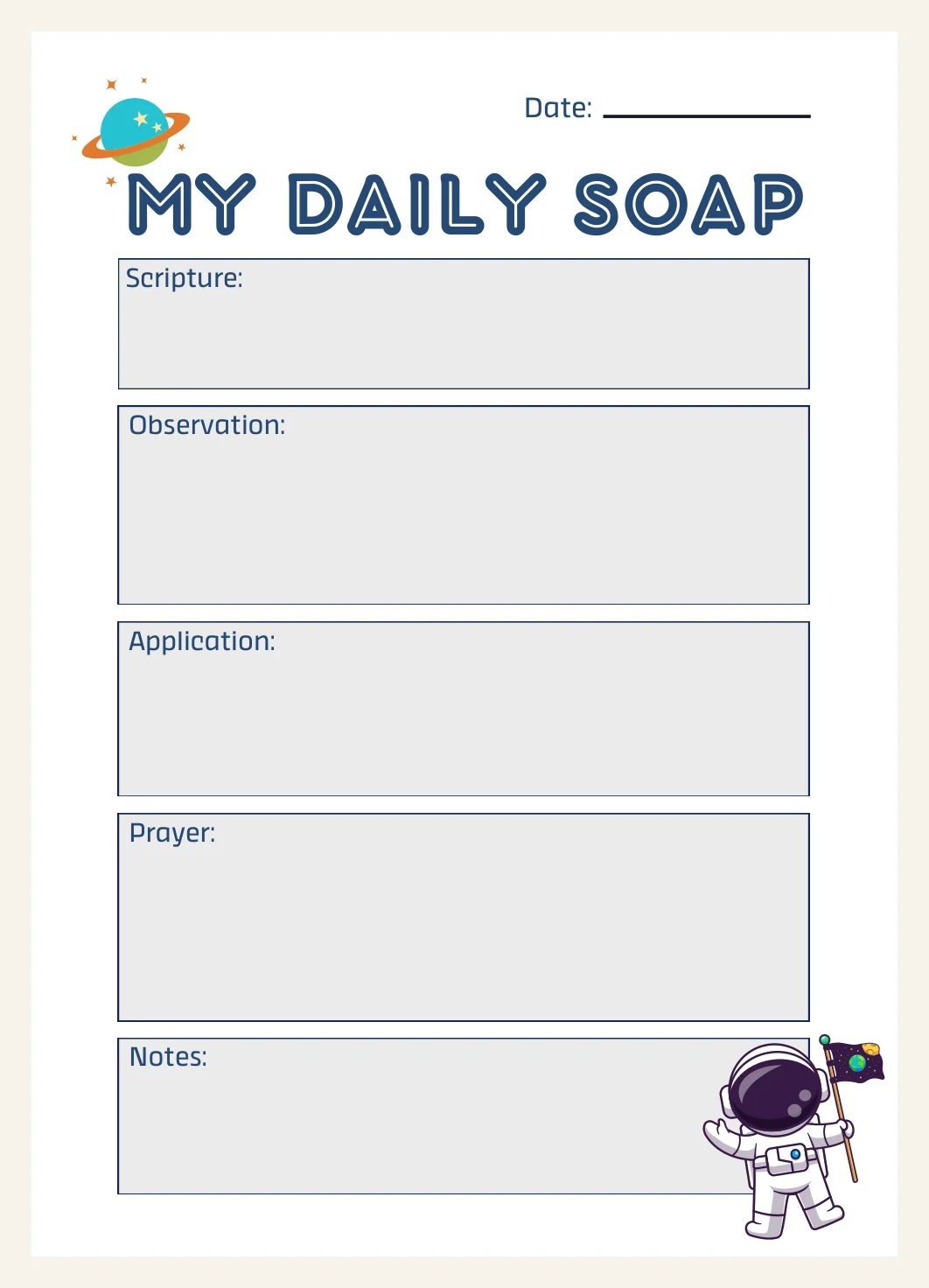 Bible Study Template S.O.A.P Method (Space Theme) Printable PDF Download — Preview page 1