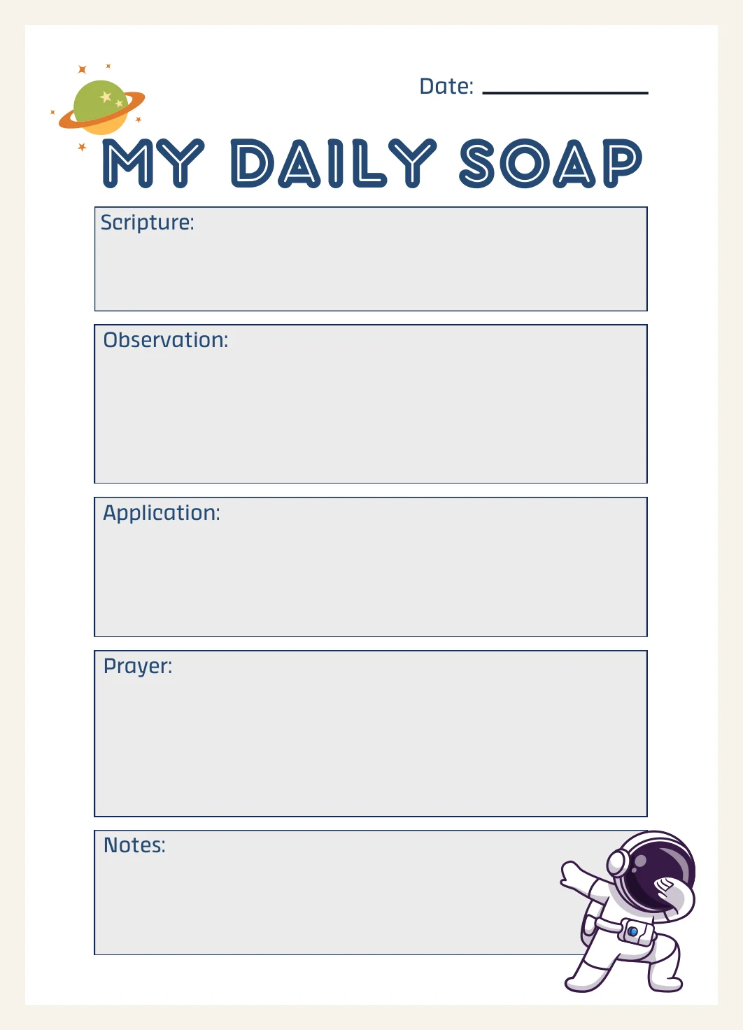 Bible Study Template S.O.A.P Method (Space Theme) Printable PDF Download — Preview page 2