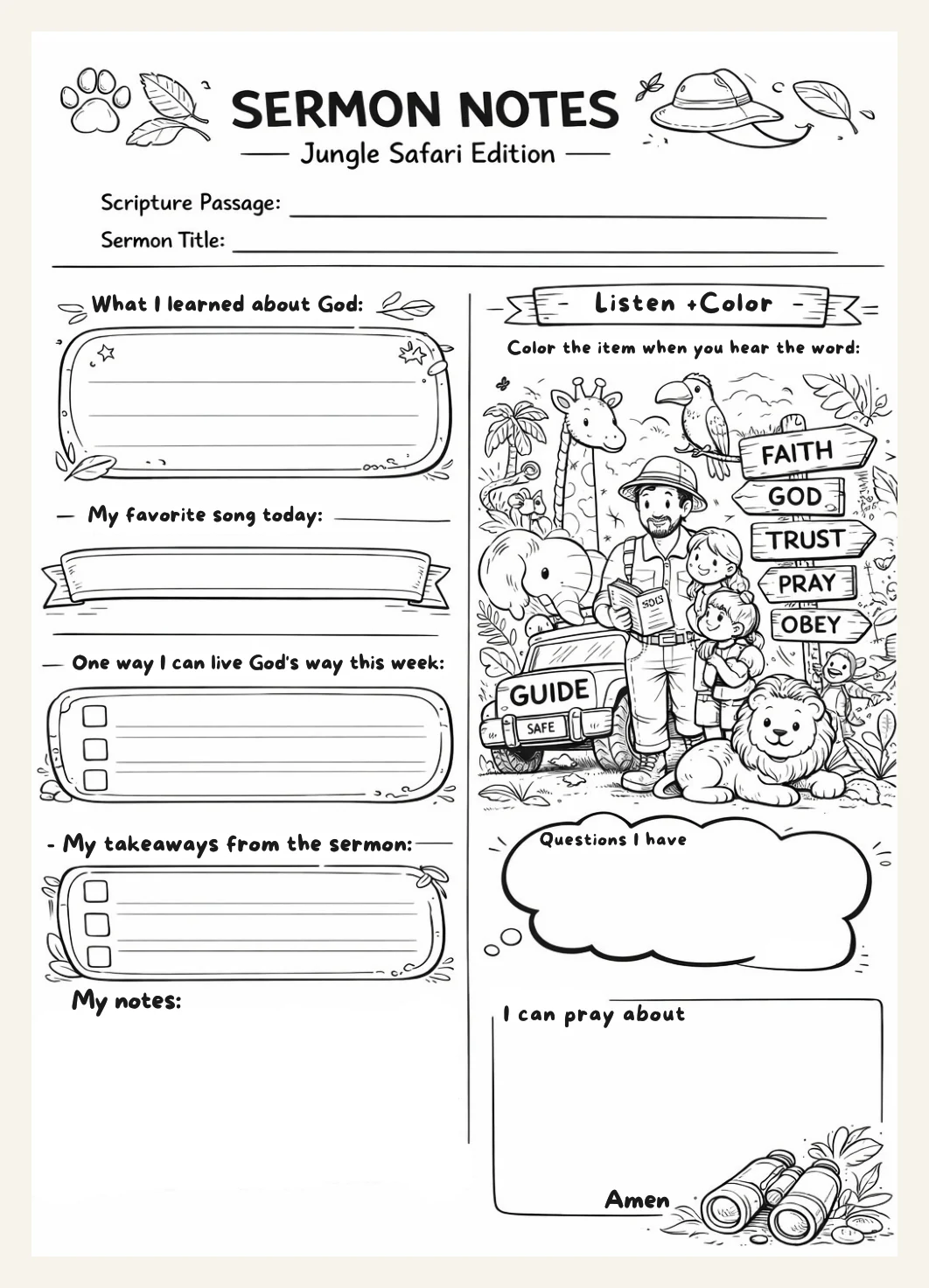 Children's Sermon Notes Printable | Church Activity Coloring Pages | Jungle Safari Edition (PDF Download) — Preview page 1