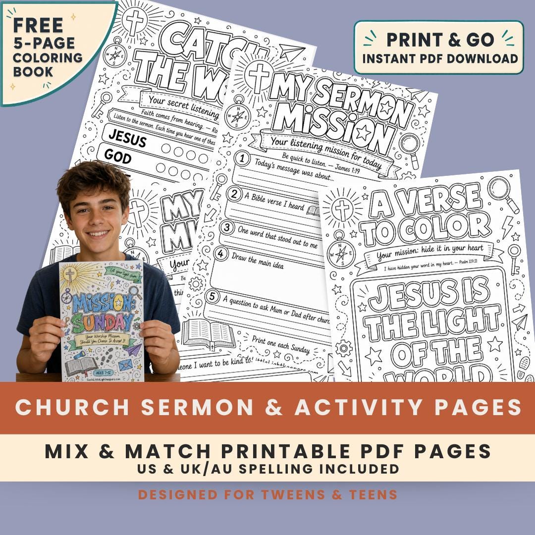 Christian Church Activity Pack Printable for Kids Sermon Notes Sunday School Worksheets Bible Activity Book — Keep kids engaged during church while helping them grow in God's Word.