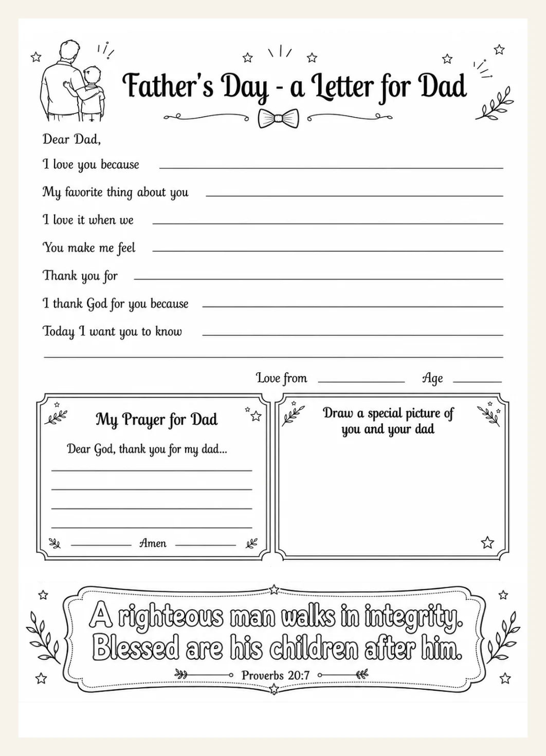 Christian Father's Day Letter, Bible Verse Coloring Page, Kids Prayer Worksheet (PDF) — Preview page 1