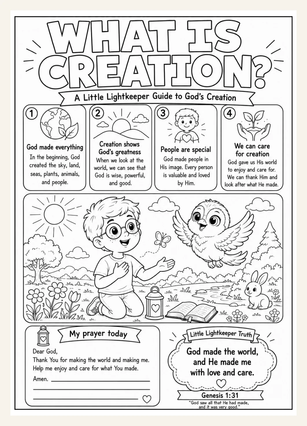 Creation Bible Worksheet, Genesis 1 Activity, Kids Sunday School Coloring (PDF Download) — Preview page 1
