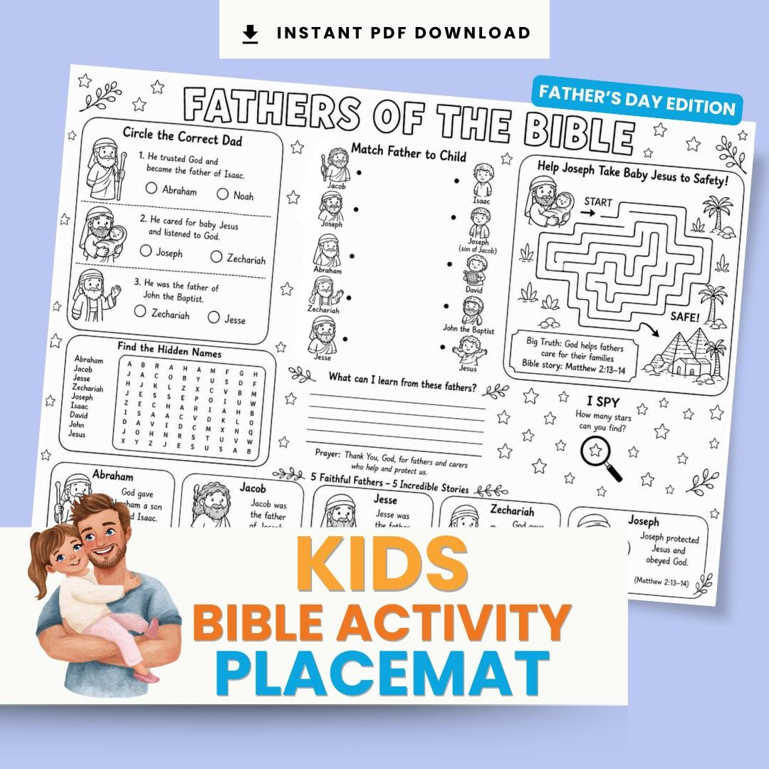 Fathers Day Bible Activity Placemat for Kids | Bible Study Printables | Sunday School Crafts — Fathers Day Bible Activity Placemat for Kids