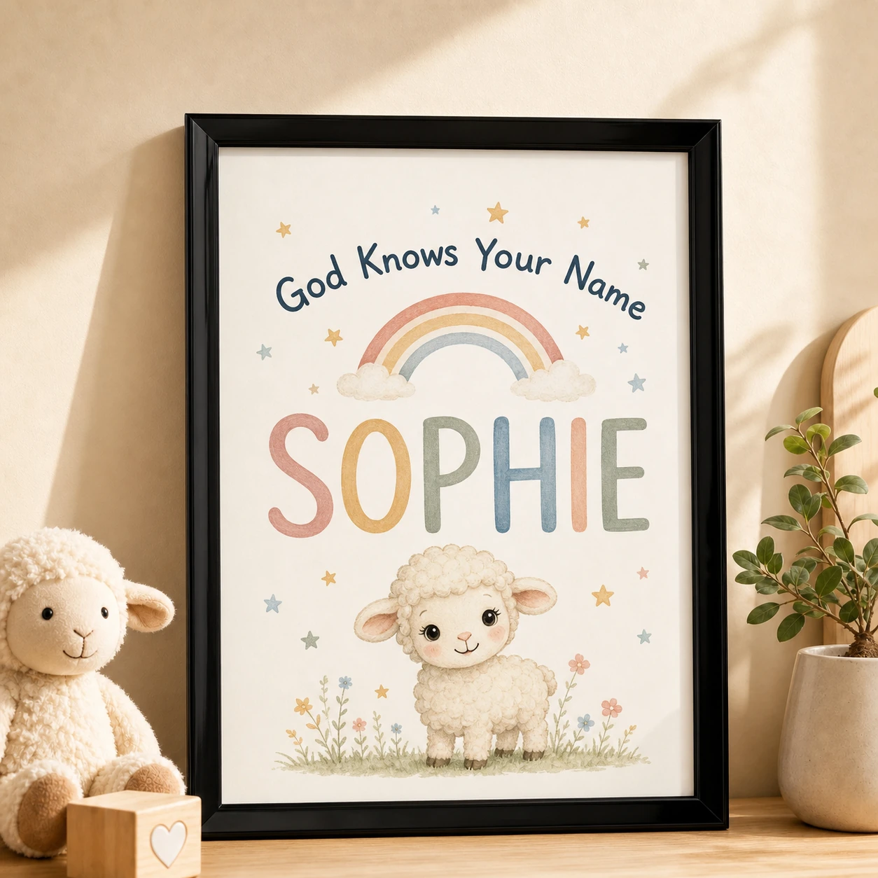 God Knows Your Name — Personalised Framed Kids Print — A bright 8×10 Christian name keepsake, printed and framed in Australia
