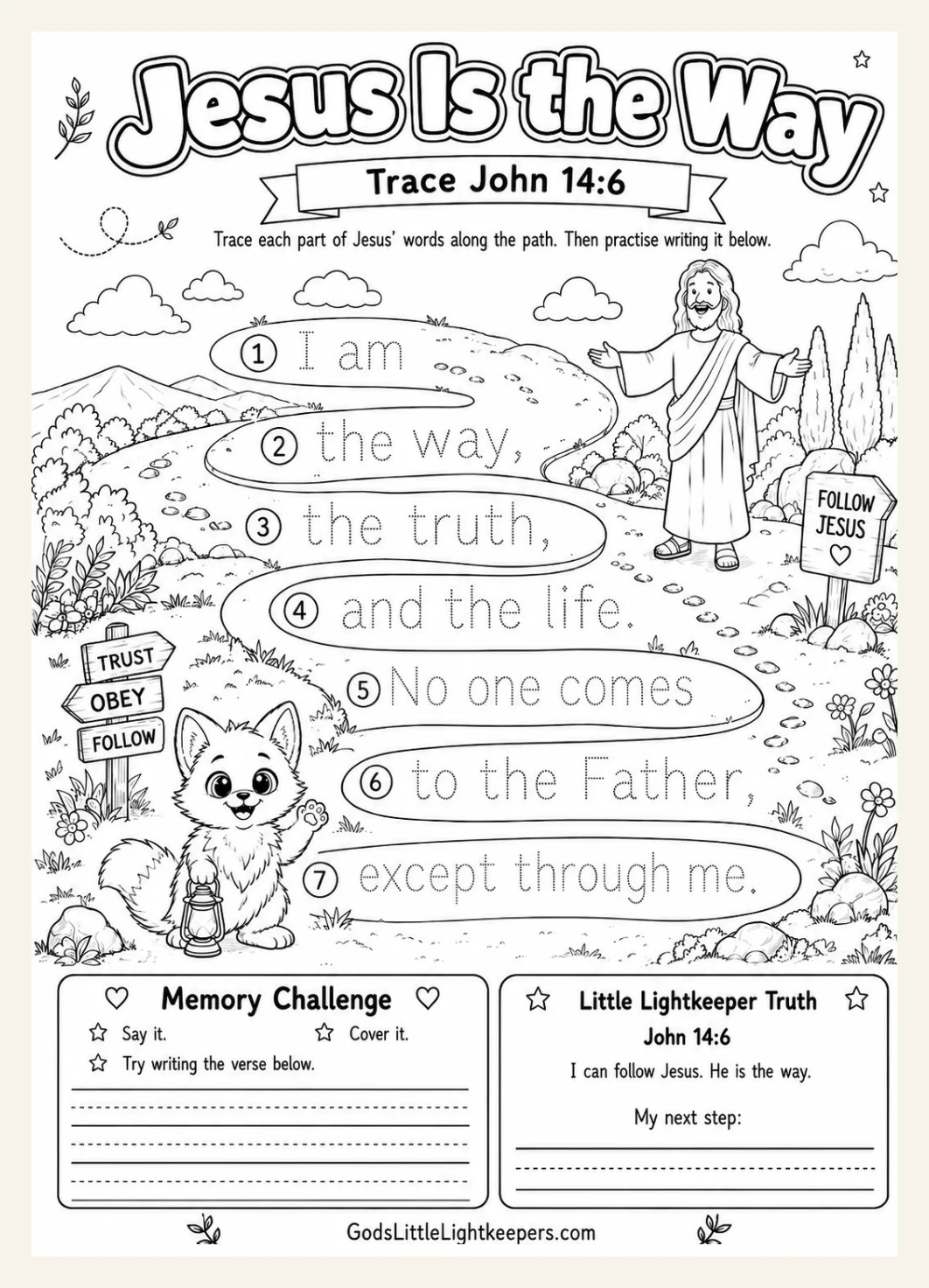 John 14:6 Trace and Color Bible Verse Worksheet | Scripture Memory Activity (Digital Download) — Preview page 1