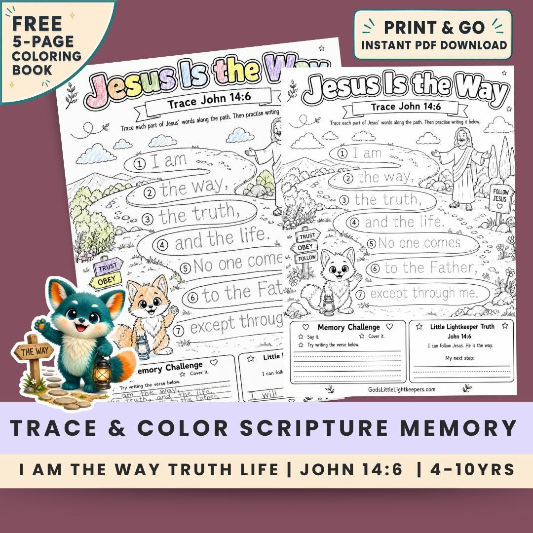 John 14:6 Trace and Color Bible Verse Worksheet | Scripture Memory Activity (Digital Download) — John 14:6 Trace and Color Bible Verse Worksheet