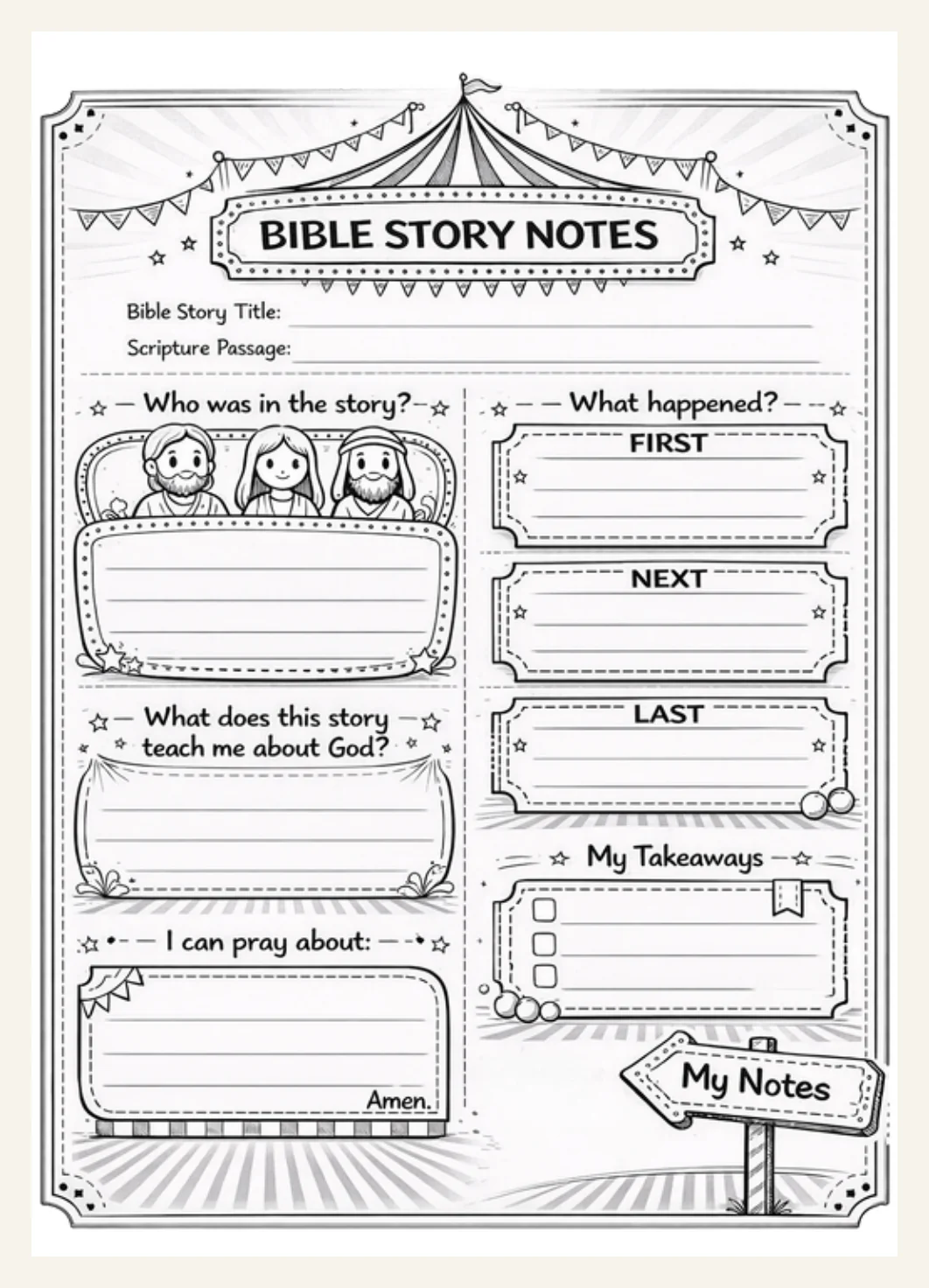 Kids Bible Story Notes Worksheet | Circus Themed Sermon Activity (Digital Download) — Kids Bible Story Notes Worksheet Circus Actual Buyer Preview 3