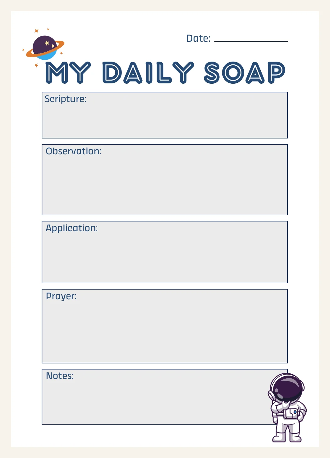 Kids Bible Study Journal Printable – SOAP Worksheet Template (Space Theme) PDF — Preview page 2