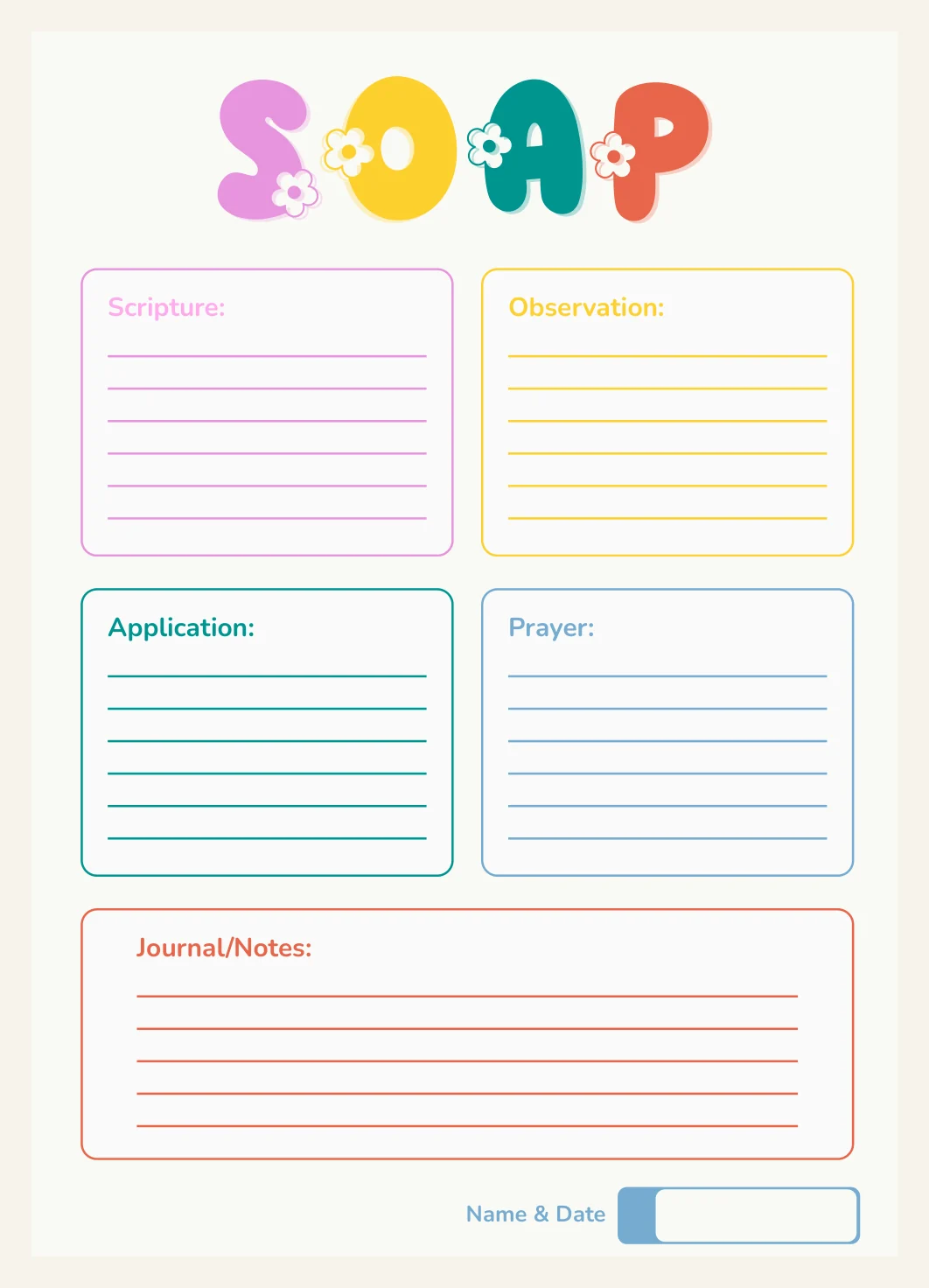 Kids Bible Study Journal Printable – SOAP Worksheet Template (Flower Theme) PDF — Preview page 2