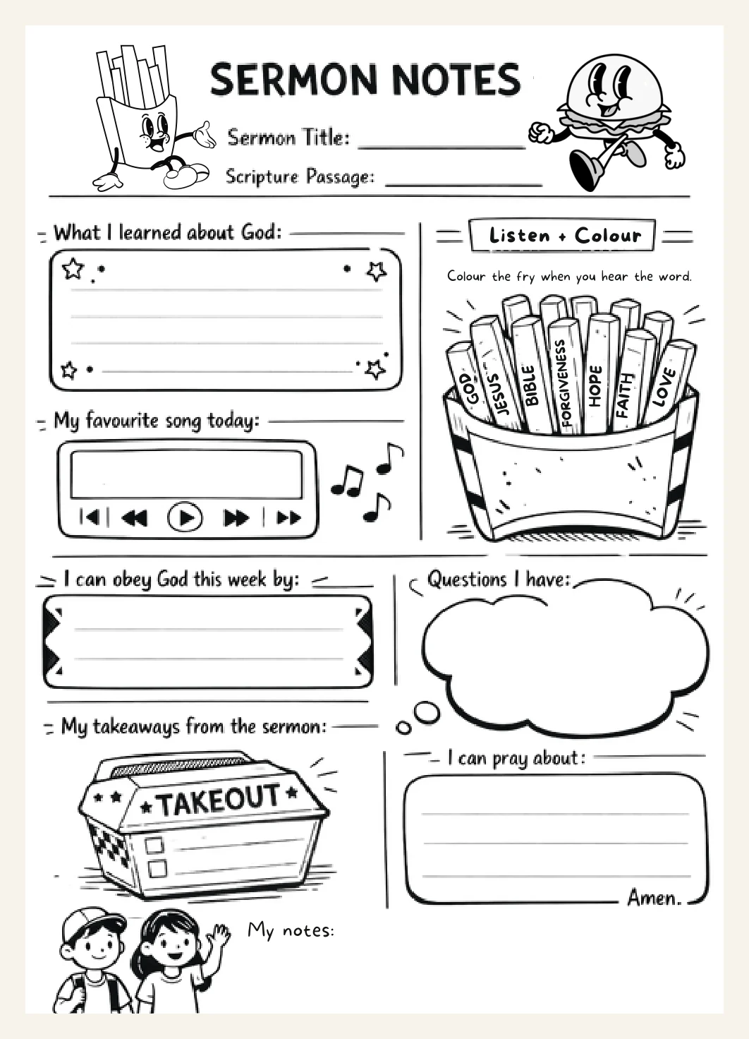 Kids Sermon Notes Printable Kids Church Notes Faith Activity Christian Resource | Fast Food Theme (PDF) — Preview page 2
