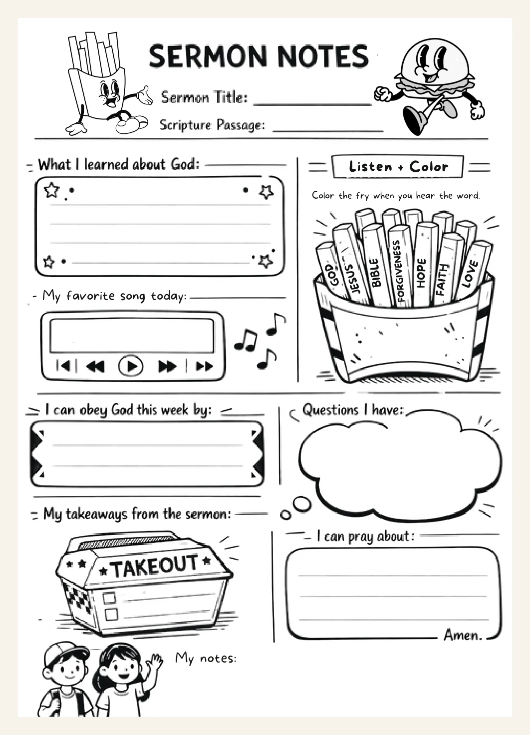 Kids Sermon Notes Printable Kids Church Notes Faith Activity Christian Resource | Fast Food Theme (PDF) — Kids Church Worksheet Bible Study Notes Actual Buyer Preview 3
