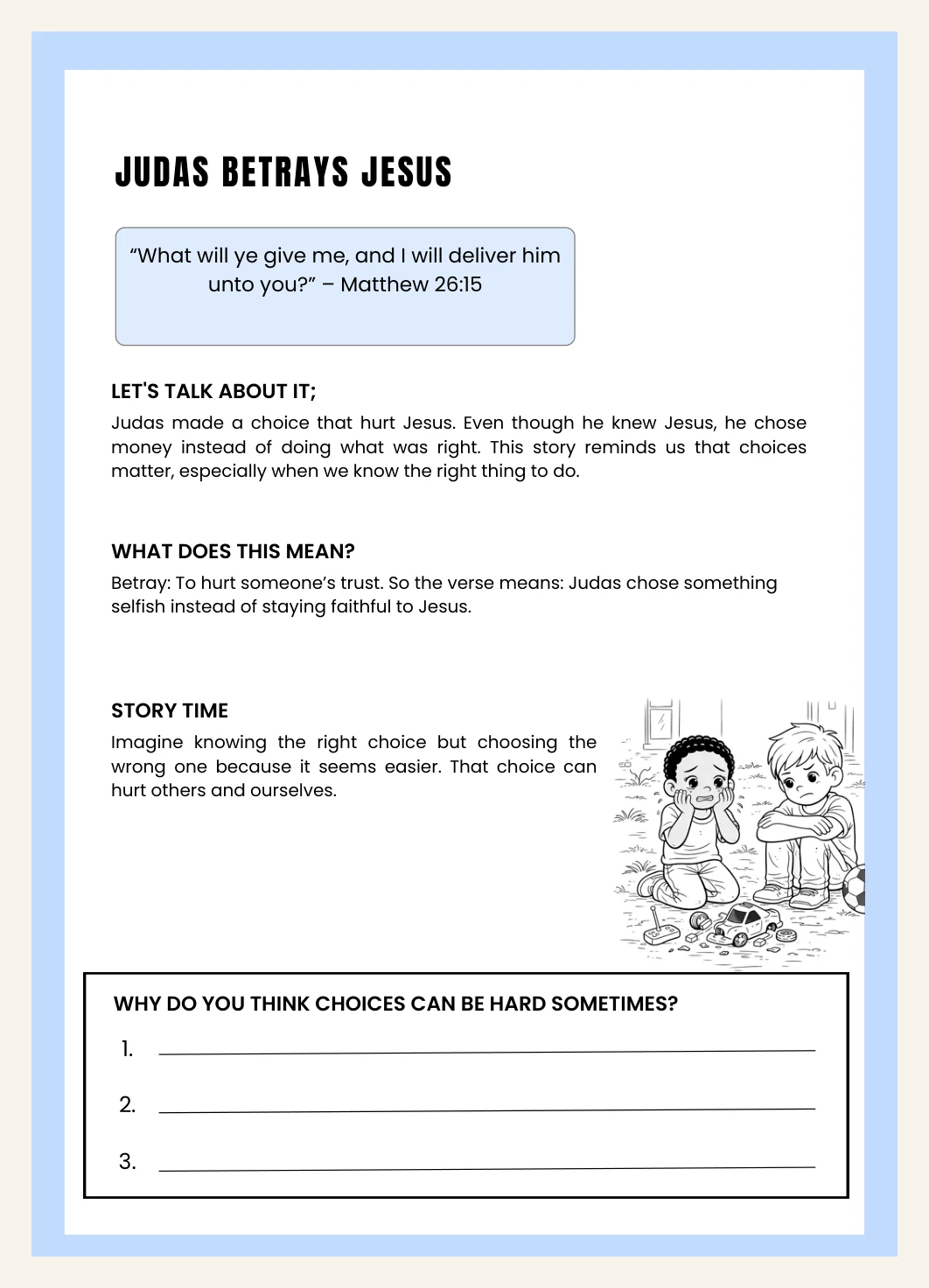 Kids Easter Bible Study Worksheet | Judas Betrays Jesus Holy Week Lesson | Printable SOAP Devotion and Prayer | Sunday School Homeschool PDF — Preview page 1