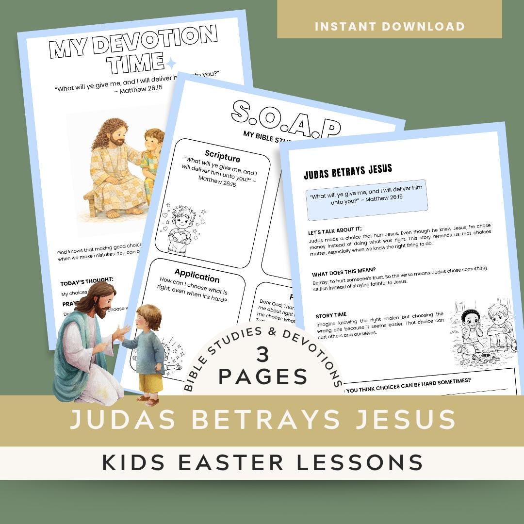 Kids Easter Bible Study Worksheet | Judas Betrays Jesus Holy Week Lesson | Printable SOAP Devotion and Prayer | Sunday School Homeschool PDF — Kids Easter Bible Study Worksheet