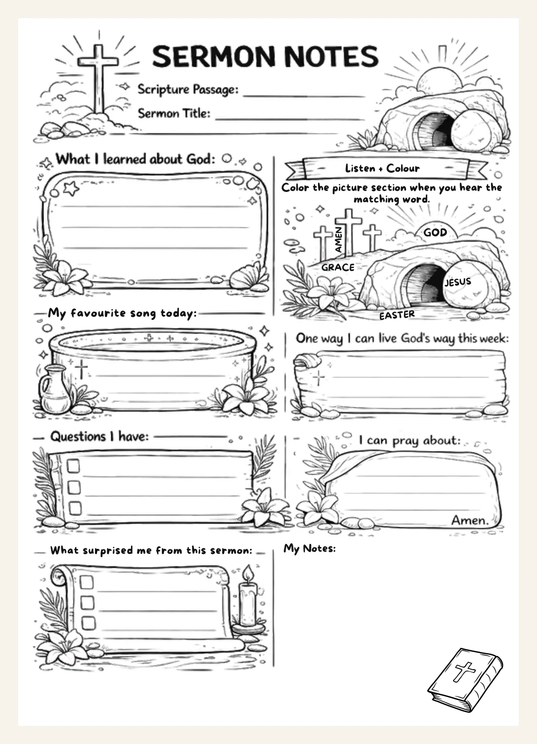 Kids Easter Sermon Notes Worksheet Printable | Christian Church Activity for Kids | Instant PDF Download — Preview page 1
