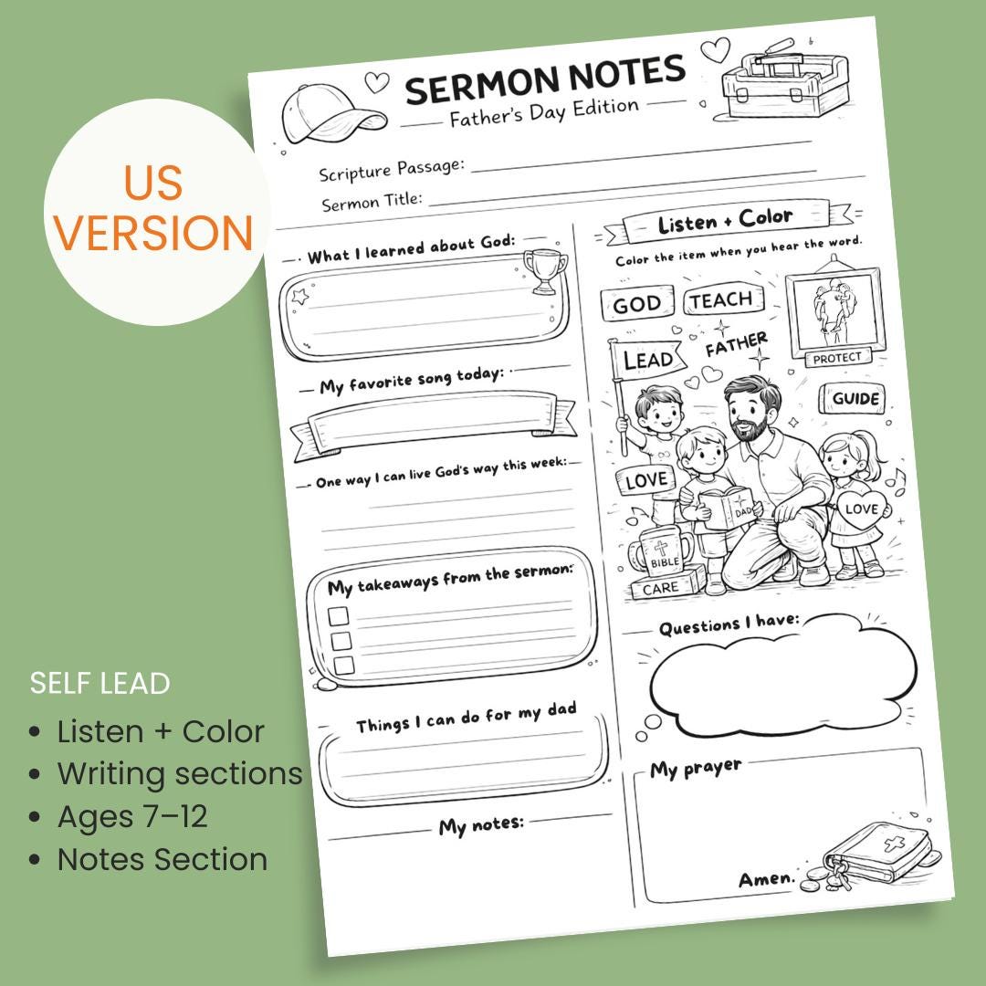 Kids Fathers Day Sermon Notes Worksheet | Christian Church Activity (PDF Download) — Kids Fathers Day Sermon Notes Worksheet 1
