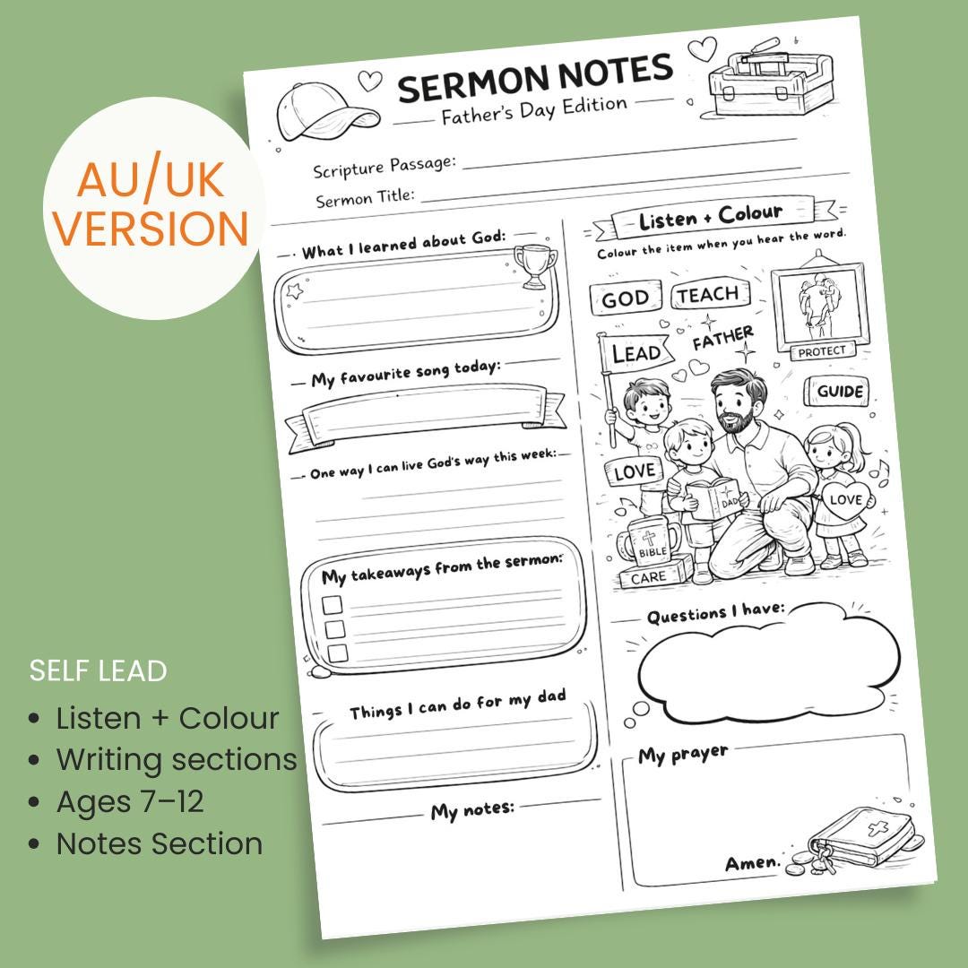 Kids Fathers Day Sermon Notes Worksheet | Christian Church Activity (PDF Download) — Kids Fathers Day Sermon Notes Worksheet 2