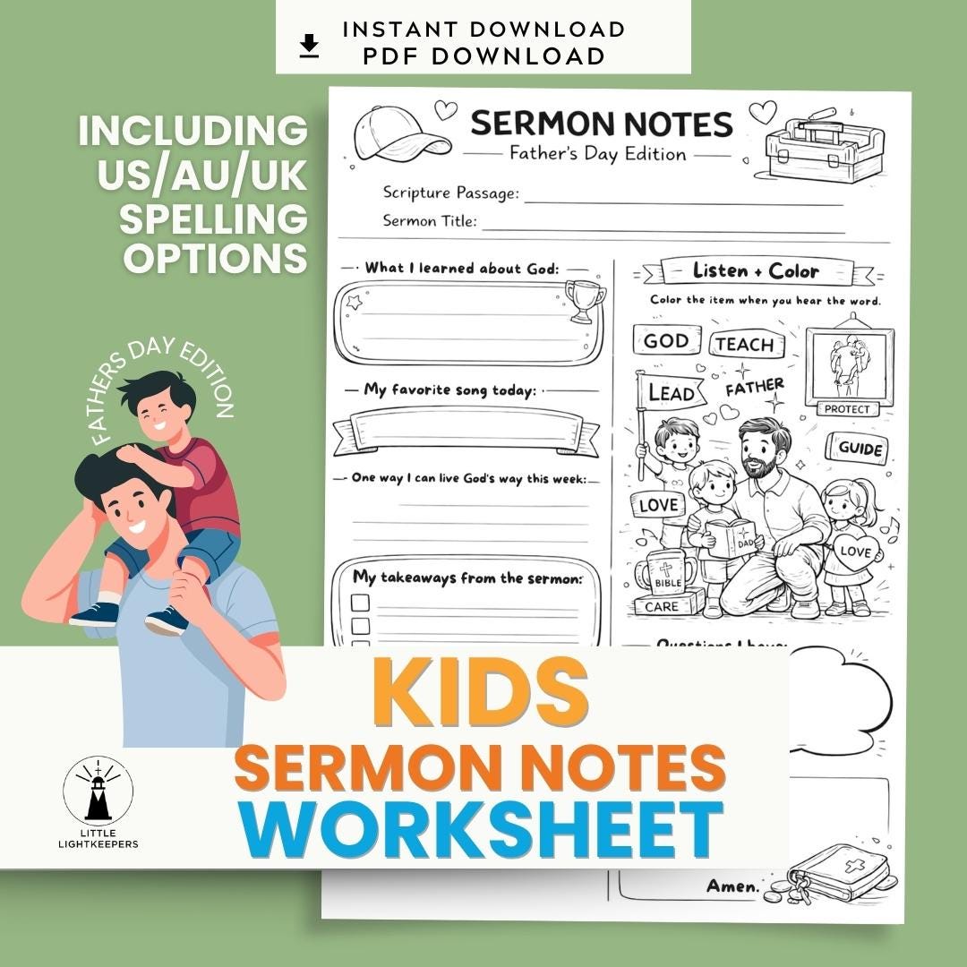 Kids Fathers Day Sermon Notes Worksheet | Christian Church Activity (PDF Download) — Kids Fathers Day Sermon Notes Worksheet