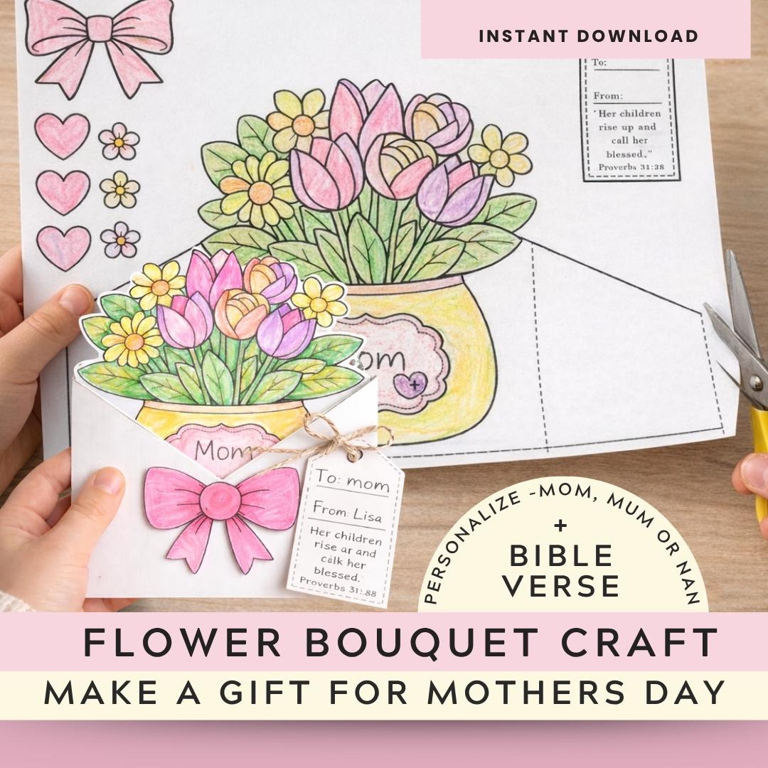 Kids Flower Bouquet Card Craft | Mother's Day Bible Verse Activity (Digital Download) — Kids Flower Bouquet Card Craft