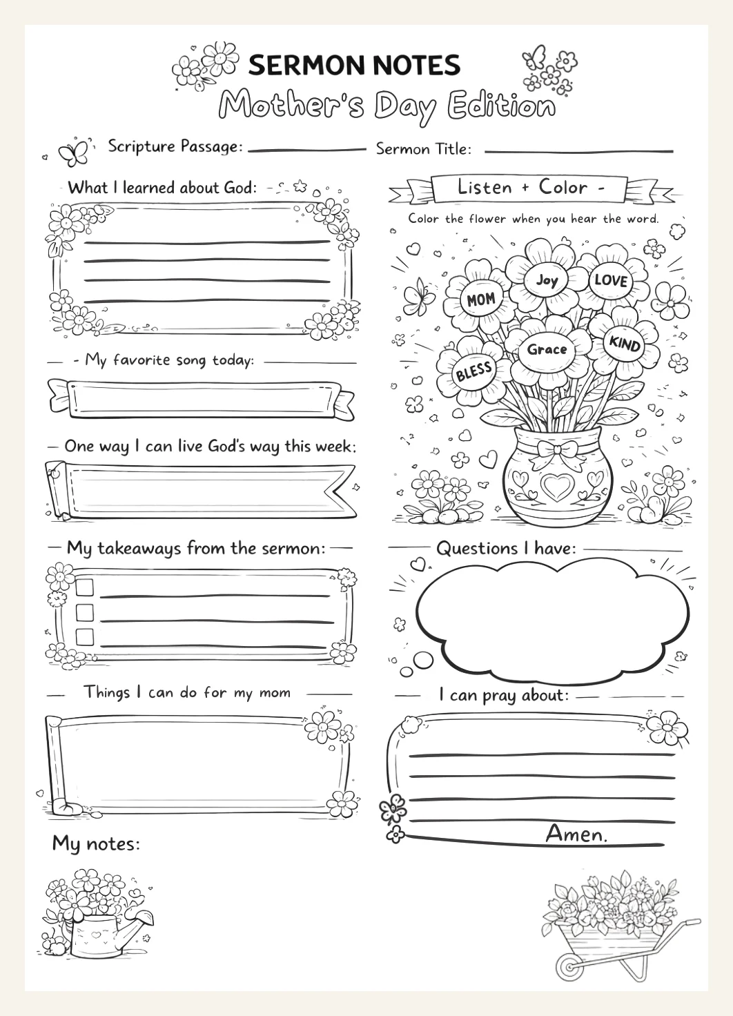 Kids Mothers Day Sermon Notes Worksheet | Christian Church Activity (PDF Download) — Preview page 1