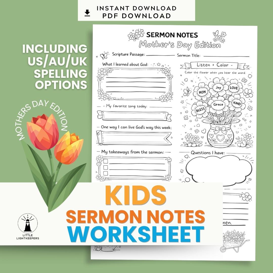 Kids Mothers Day Sermon Notes Worksheet | Christian Church Activity (PDF Download) — Kids Mothers Day Sermon Notes Worksheet