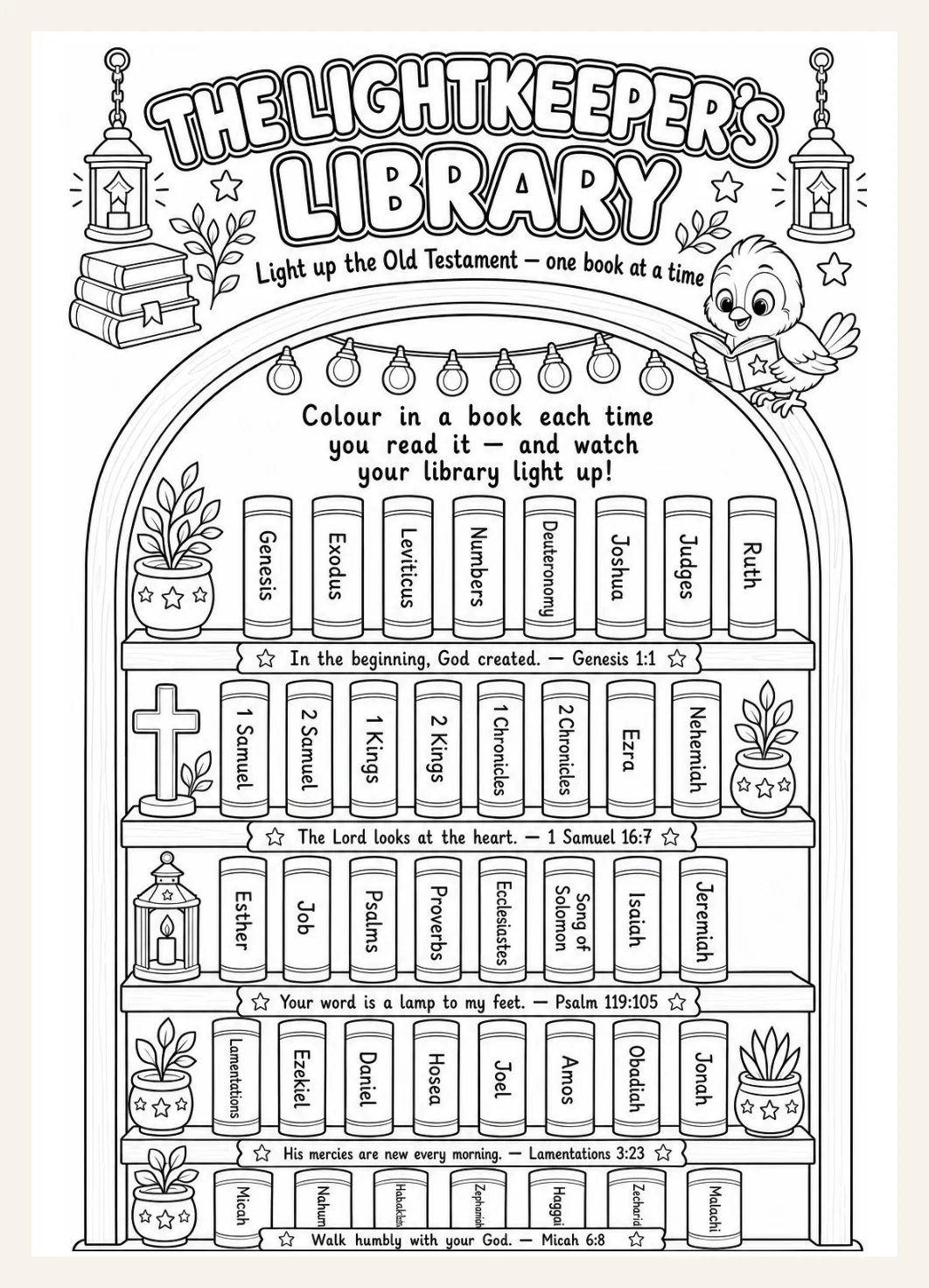 Kids Printable Books of the Bible | Bible Book Tracker Bookshelf |  Bible Bookshelf Coloring Activity (Instant Download) — Preview page 1