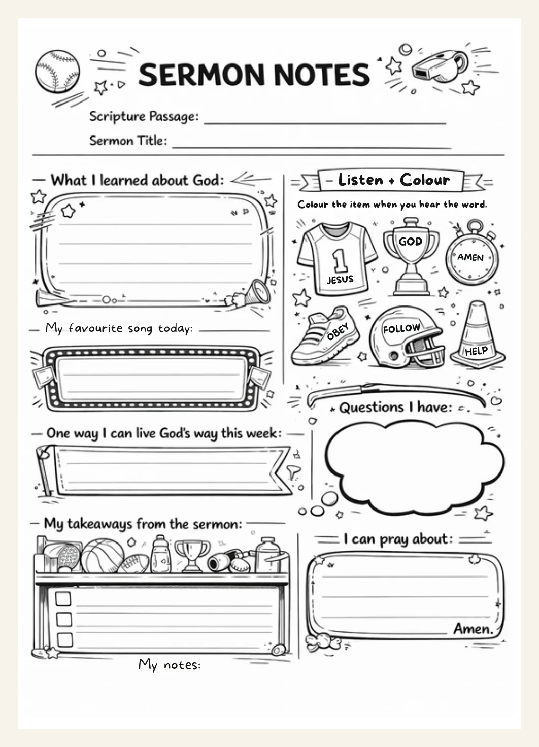 Kids Sermon Notes Worksheet | Sports Theme Bible Activity (PDF Download) — Preview page 2