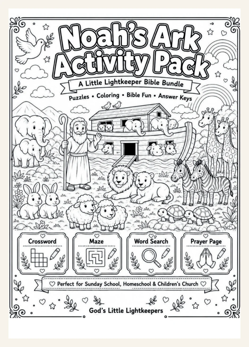 Noah’s Ark Activity Pack for Kids | Sunday School Bible Worksheets Printable | Christian Coloring & Learning Page | VBS Worksheet PDF — Preview page 1