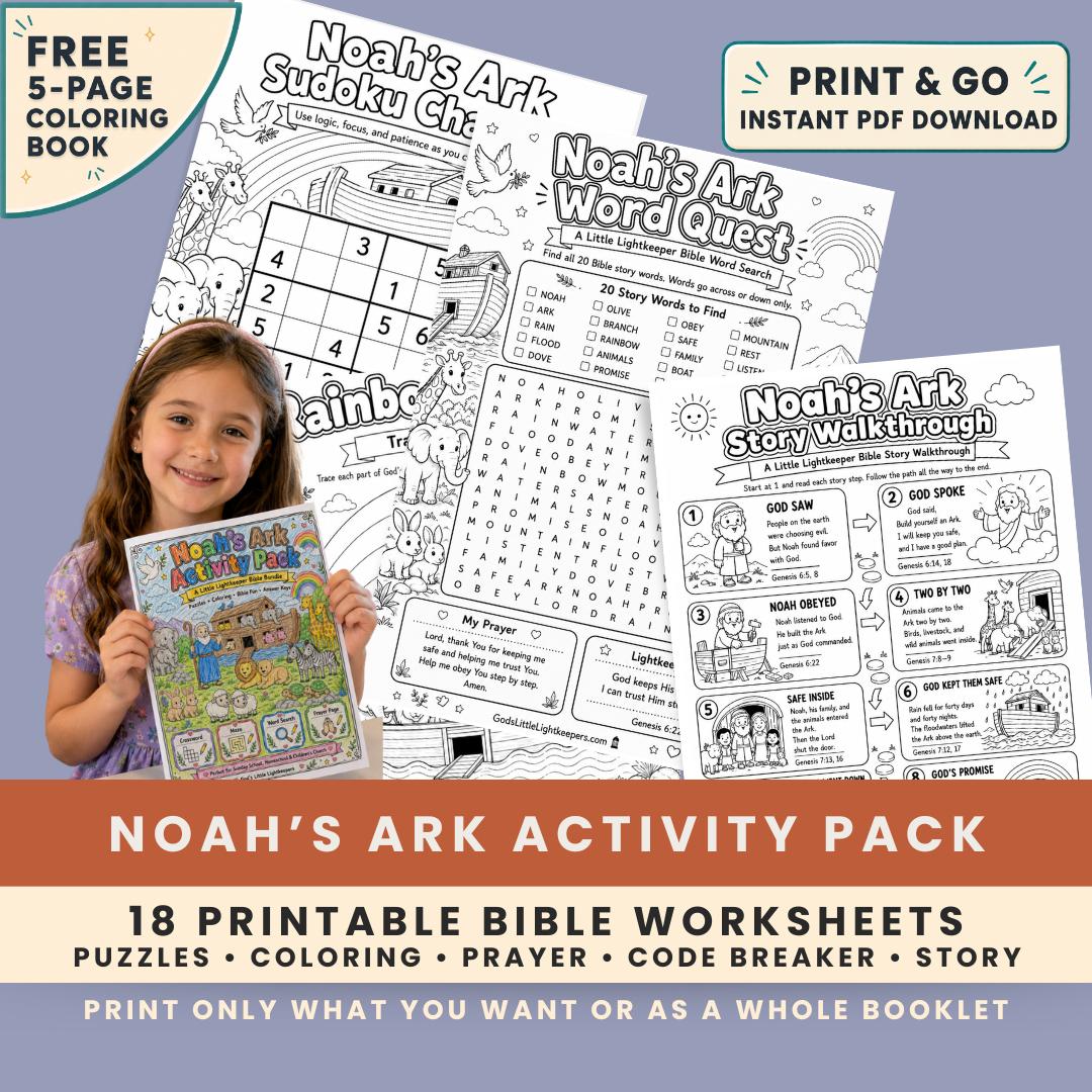 Noah’s Ark Activity Pack for Kids | Sunday School Bible Worksheets Printable | Christian Coloring & Learning Page | VBS Worksheet PDF — 28-page Noah’s Ark Bible activity pack with puzzles, prayer prompts and answer sheets