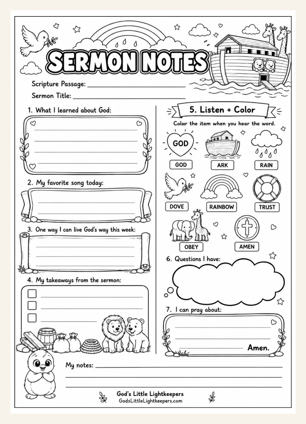 Noah's Ark Kids Sermon Notes Worksheet | Bible Study Activity (PDF Download) — Preview page 1