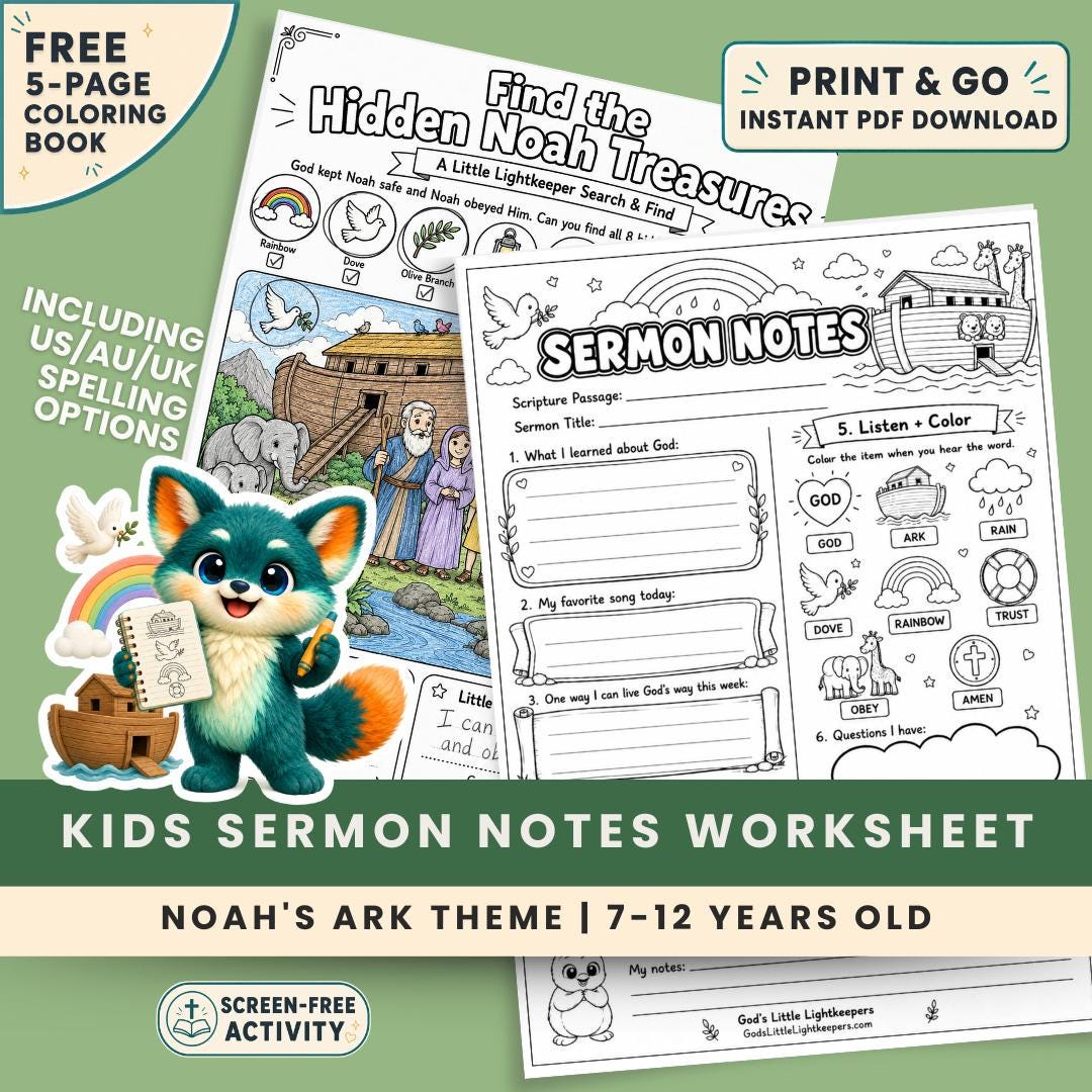 Noah's Ark Kids Sermon Notes Worksheet | Bible Study Activity (PDF Download) — Noah's Ark Kids Sermon Notes Worksheet