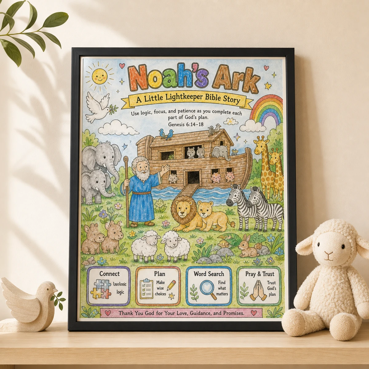 Noah’s Ark Promise — Personalised Framed Kids Print — Name and Genesis promise in an 8×10 black frame