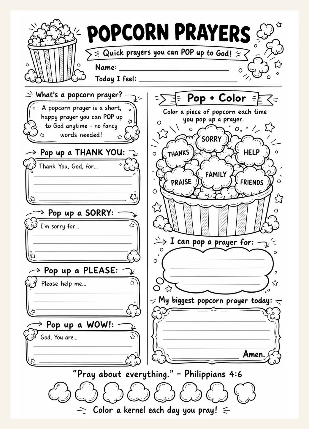Kids Popcorn Prayer Worksheet, Teach Prayer Activity, Sunday School Printable (PDF Download) — Preview page 1