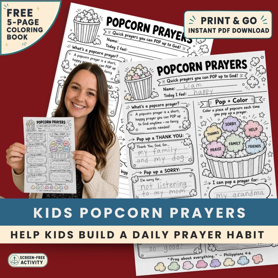 Kids Popcorn Prayer Worksheet, Teach Prayer Activity, Sunday School Printable (PDF Download) — Kids Popcorn Prayer Worksheet, Teach Prayer Activity, Sunday School Printable